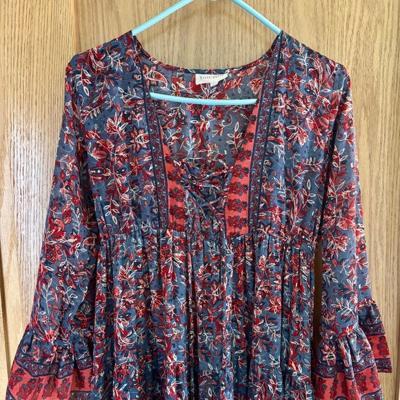 Boemo Anthropologie Dress Large Boho Peasant Floral Lace-up V-Neck Tiered Maxi - Picture 4 of 5